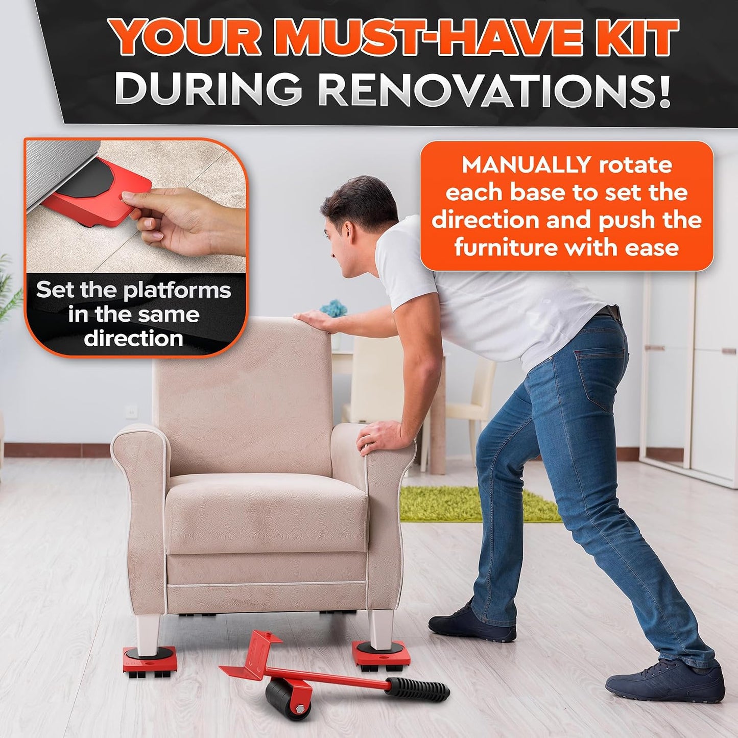 Furniture Movers with Wheels, Up to 220 Lbs Lifter with 4 Sliders | Furniture Lifting Tool Set; 11.9 In Steel Lever; ABS Rollers; for Sofas, Beds & Dressers; Hard Floors Only, Not for Carpet