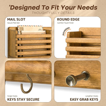 Rebee Vision Key Holder Wall Mount with Mail Slot for Entryway, Retro Brown | Pine Wood, Key Holder for Wall, 8 Hooks for Dog Leashes, Floating Shelf, Mail Sorter, New Home Essentials, Entryway Storage