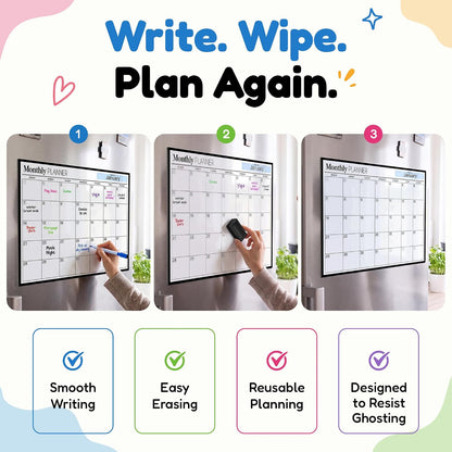 3 Pack Magnetic Dry Erase Calendar for Fridge, 17" x 12" Fridge Planner | Stain-Resistant Magnetic Calendar for Refrigerator with 6 Magnetic Markers & 1 Eraser - Monthly, Weekly & Daily Planner Set
