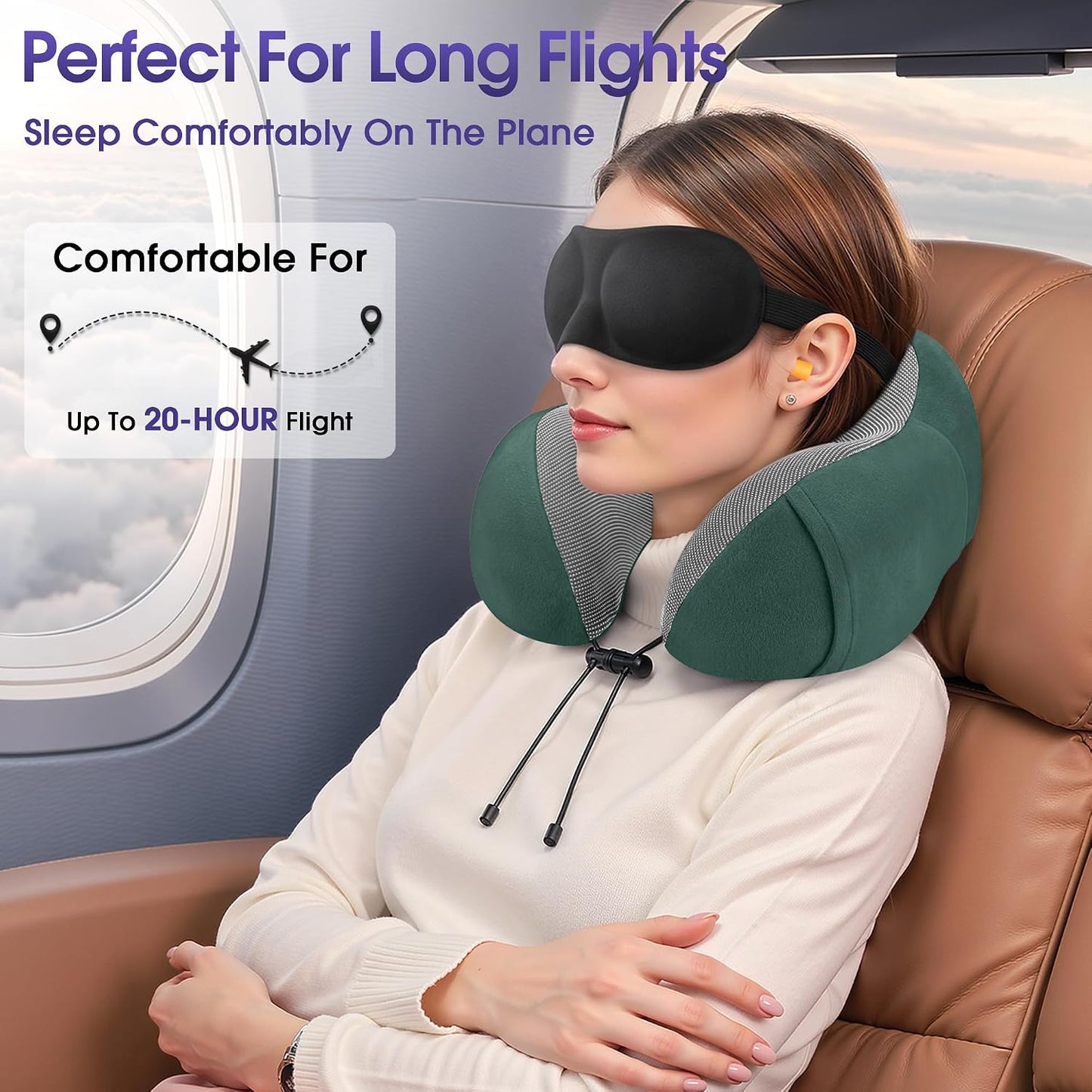 CloudBliss Neck Pillow for Airplanes, Memory Foam Travel Pillow, Black | Compact Flight Pillow with Eye Mask, Earplugs, Carry Bag, Travel Neck Pillow for Long Flight Sleep, Plane Travel Essentials