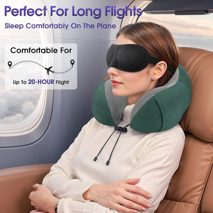 CloudBliss Neck Pillow for Airplanes, Memory Foam Travel Pillow, Black | Compact Flight Pillow with Eye Mask, Earplugs, Carry Bag, Travel Neck Pillow for Long Flight Sleep, Plane Travel Essentials