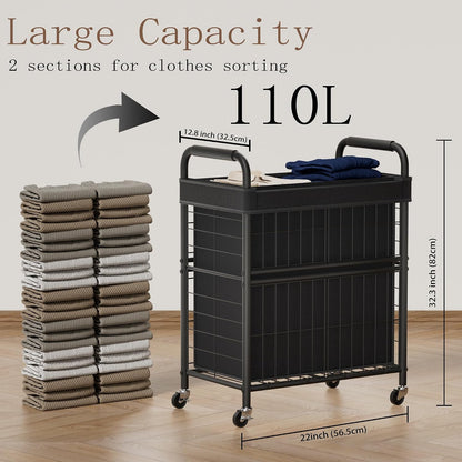 110L Rolling laundry Sorter Hamper Basket 2 Section with Wheels | Laundry Cart with Removable Bag, Clothes Organizer, Bedroom, Bathroom, Laundry Room, Dorm Use