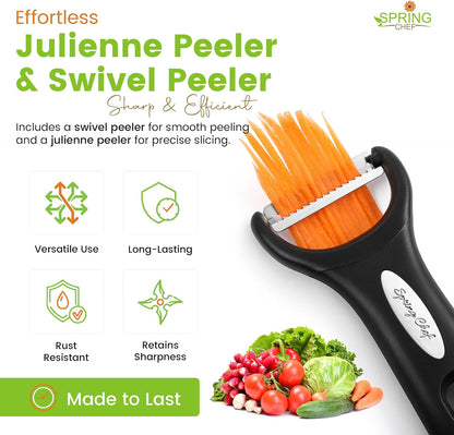 Spring Chef Swivel Potato Peeler & Julienne Vegetable Peeler w/Soft Handle | Premium Multifunctional Peelers for Kitchen with Sharp Stainless Steel Blades & Blade Covers, Dishwasher Safe Veggie Peelers