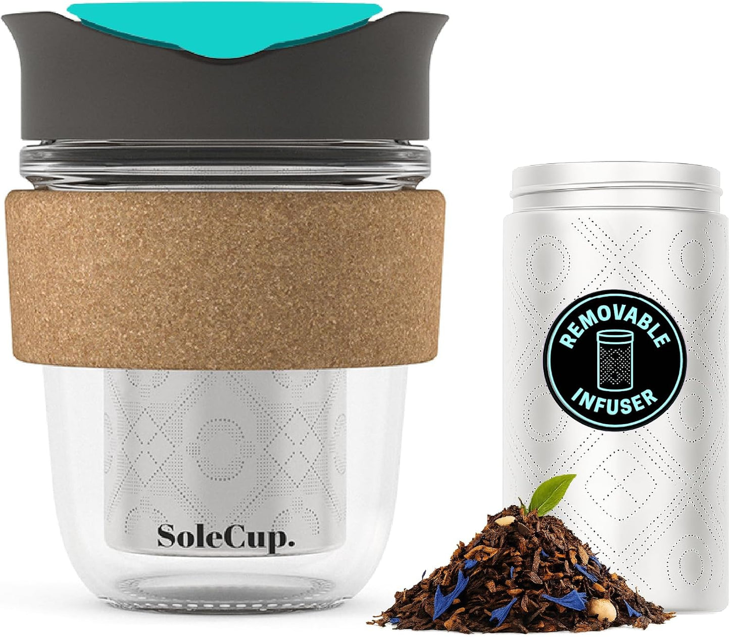 Large Travel Mug Loose Tea Infuser - Detachable Tea Strainer with Spill Proof Lid - 18oz/530ml BPA-Free Reusable Glass Travel Coffee Cup with Cork Band (Pink, 18oz)