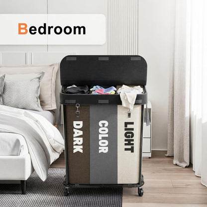Laundry Sorter with Wheels 240L Rolling Laundry Cart,3 Compartment Designed Removable Laundry Bag for Daily Use in Bathrooms and Laundry Rooms (Brown, 240L)