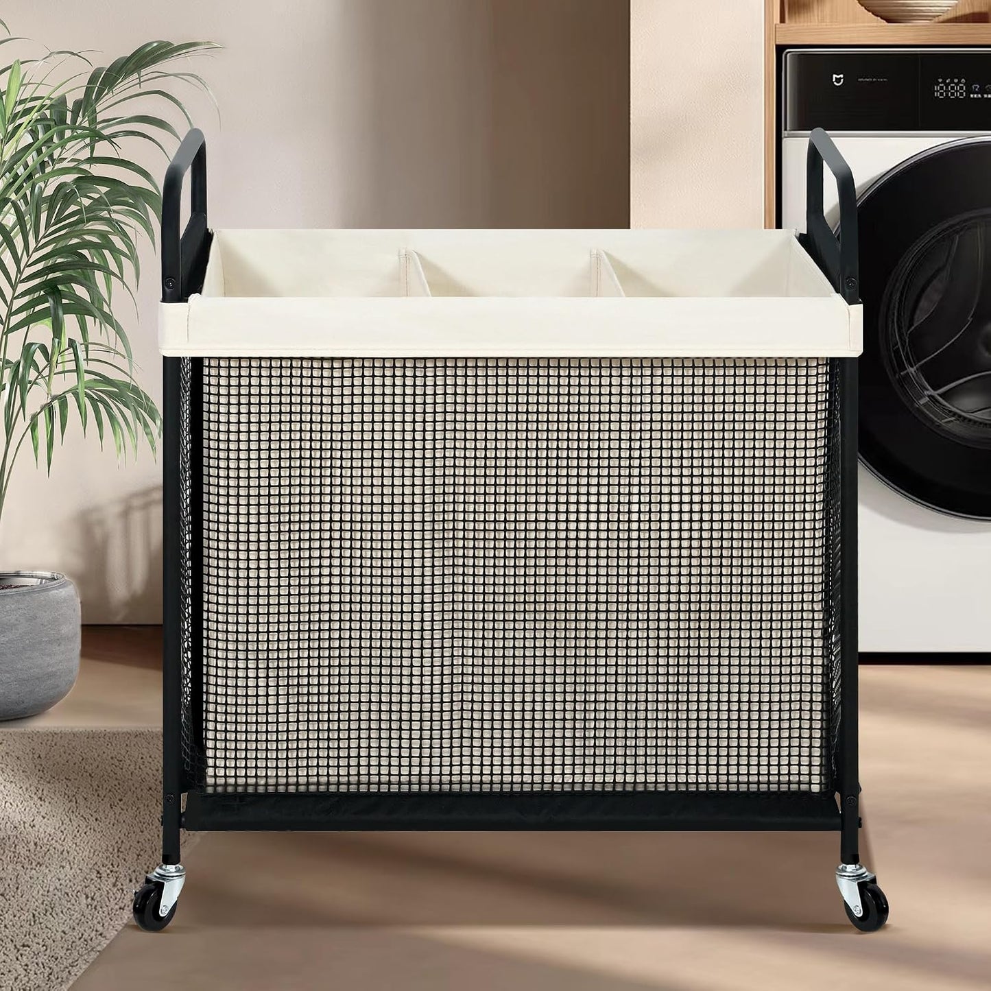 STO STO Laundry Hamper 2 Section, 100L Rolling Laundry Sorter Cart with Removable and Washable Liner Bag, Clothes Hamper with Wheels and Metal Handle for Laundry Room and Bedroom