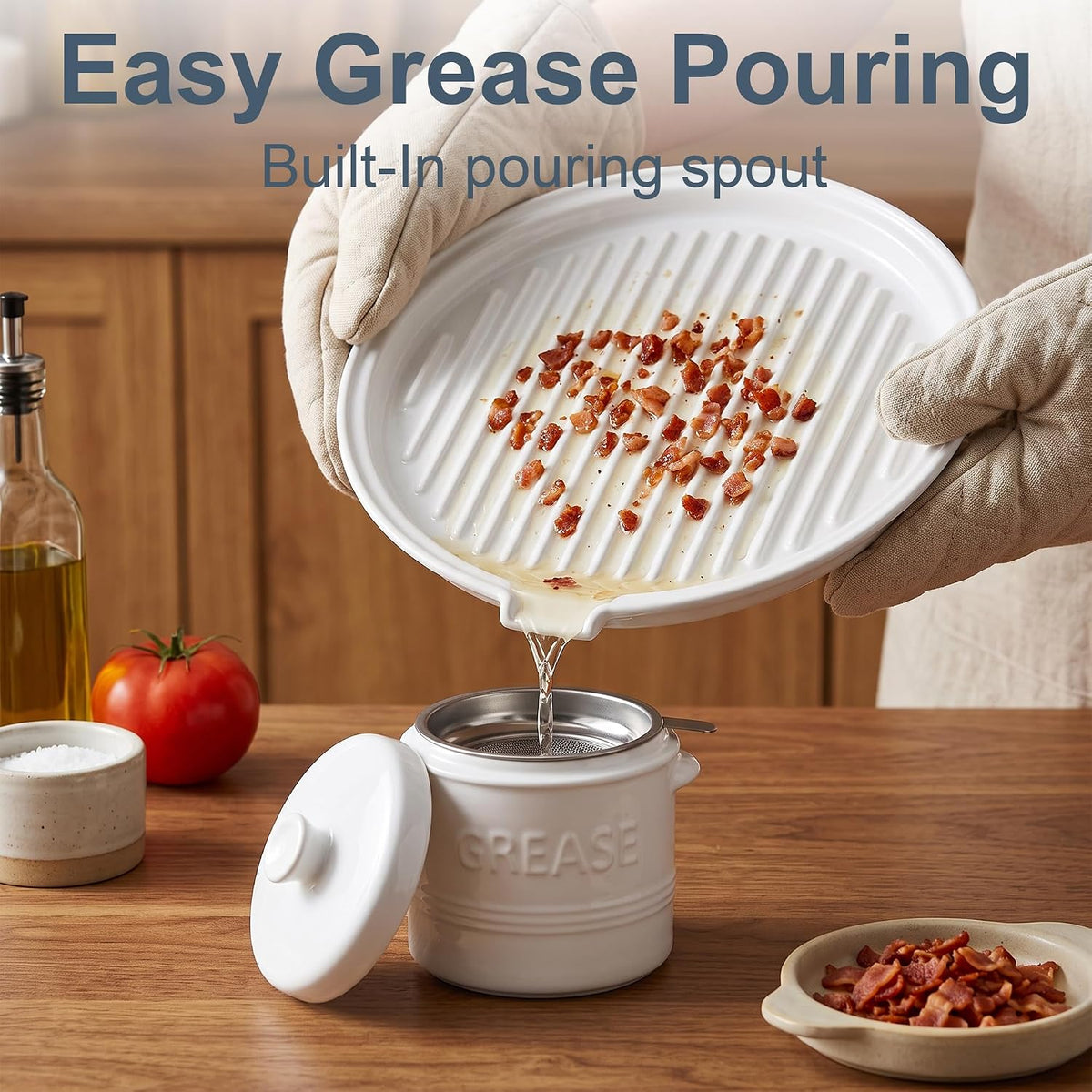 ONEMORE Microwave Bacon Cooker, 13" Ceramic Bacon Tray with Splatter Cover