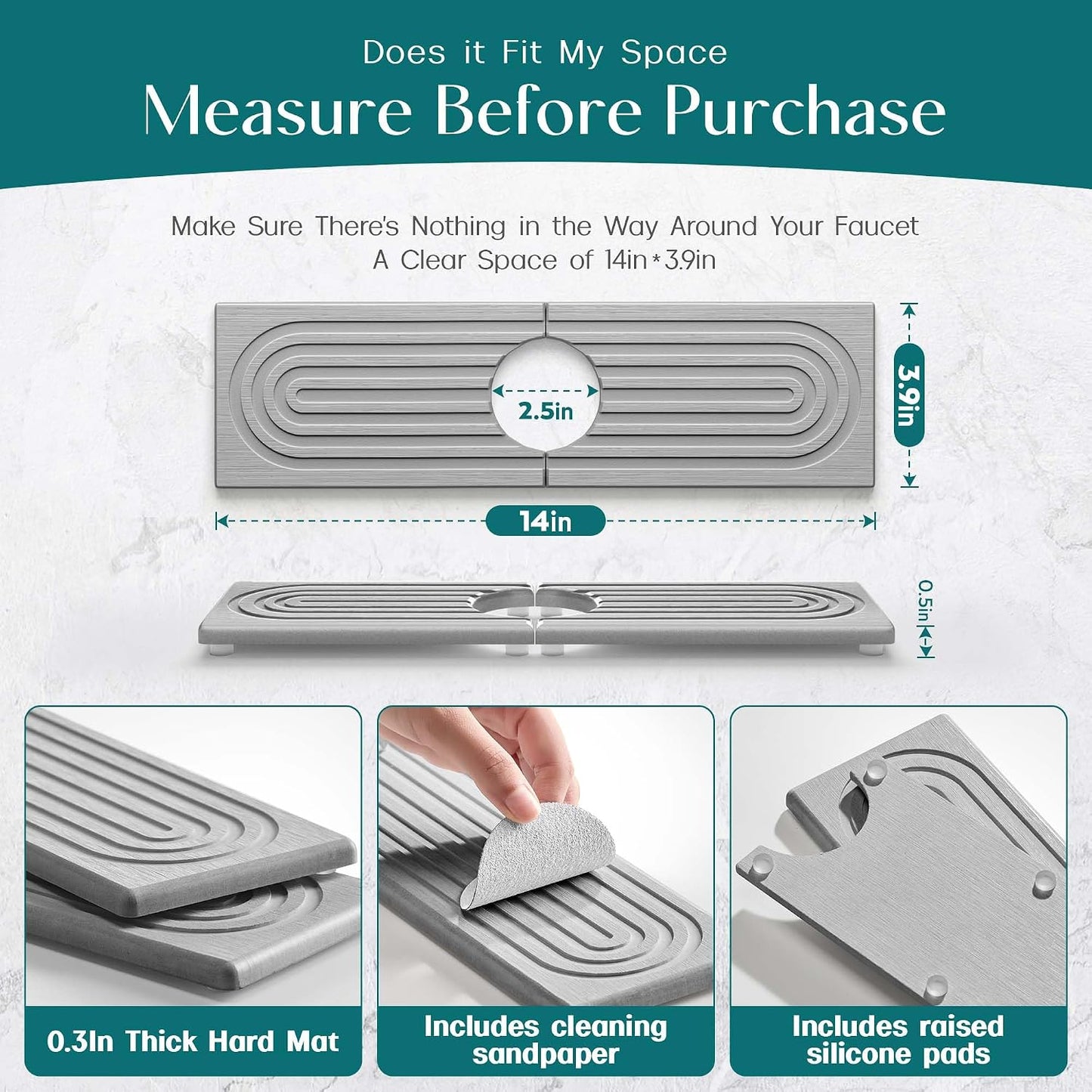 Stone Faucet Mat for Kitchen Sink – Diatomite Drying Stone Mat & Sink Protector, Prevents Moisture – Sink Splash Guard Water-Absorbing Stone Tray for Bathroom Counter (Light Grey, 20" x 3.9")