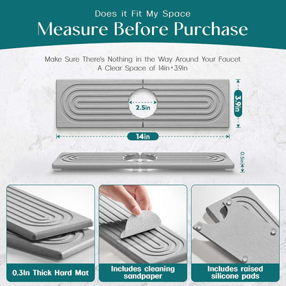 Stone Faucet Mat for Kitchen Sink – Diatomite Drying Stone Mat & Sink Protector, Prevents Moisture – Sink Splash Guard Water-Absorbing Stone Tray for Bathroom Counter (Light Grey, 20" x 3.9")