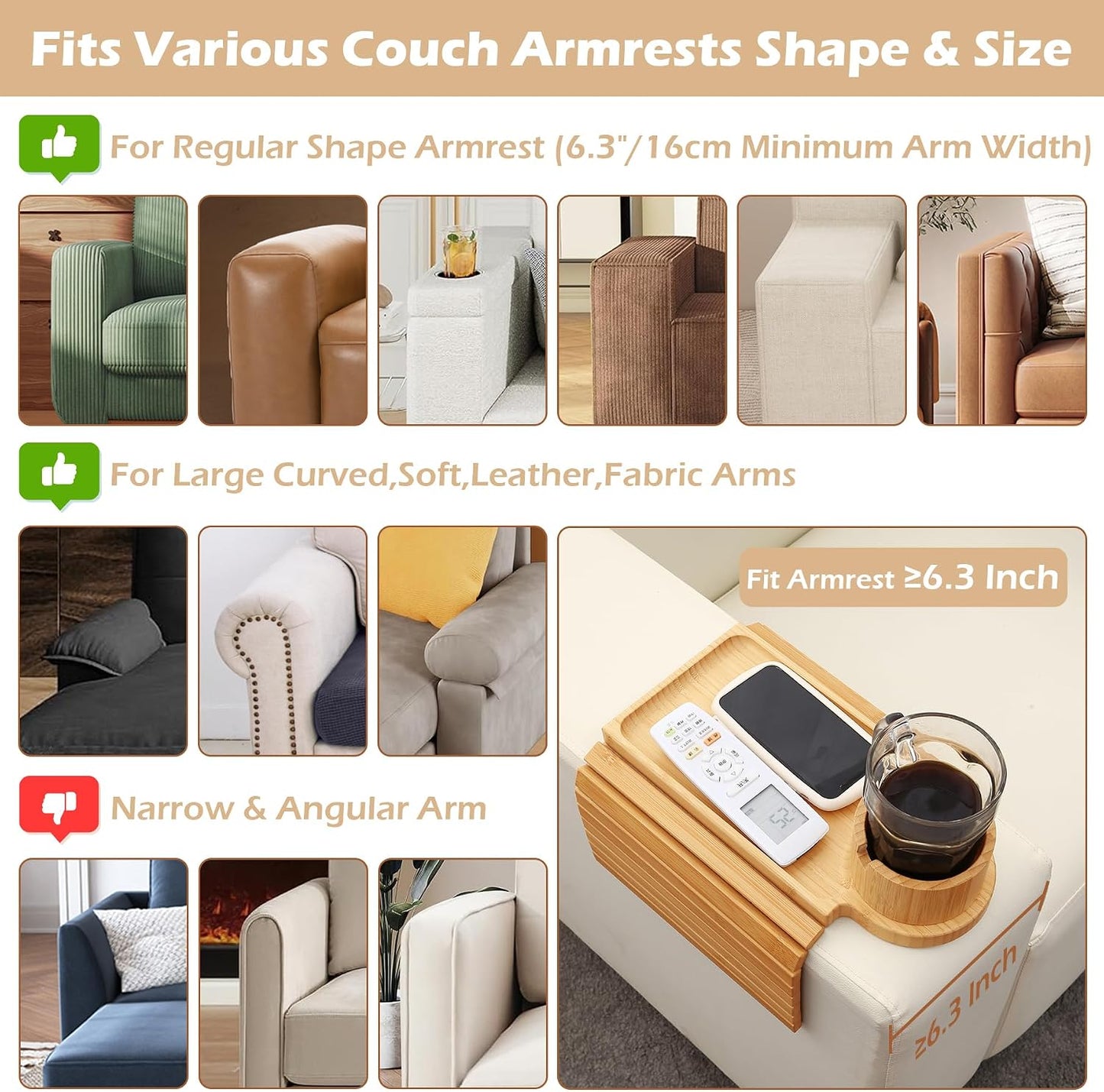 GHKINMAL Couch Cup Holder Tray, 3 in 1 Couch Arm Trays,Large Bamboo Chair Arm Rest Tray with 360° Cup Holder,Removable Anti-Slip Organizer for Snack Eating