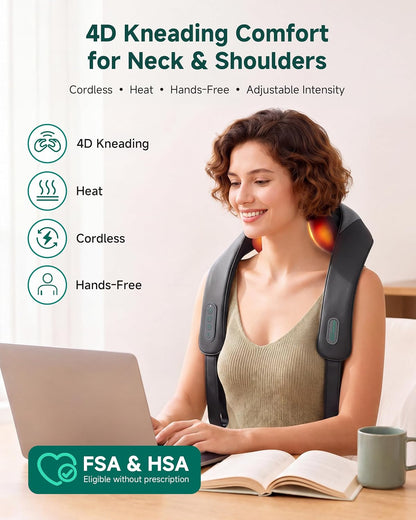 Snailax Cordless Neck & Shoulder Massager with Kneading, Heat, USB-C