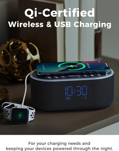 Odokee Qi Certified Wireless Charging Alarm Clock Radio for Bedroom