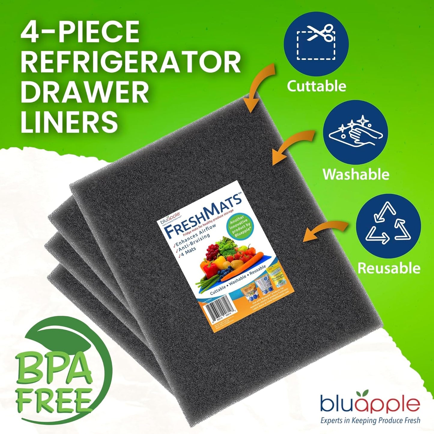 Bluapple FreshMats - Refrigerator Bin Liners, Fridge Drawer Mats - Keeps Produce Fresh Longer, Prevents Bruising, Promotes Air Circulation - BPA-Free Polyurethane Foam - (4-Piece Set, 12"x15", Green)