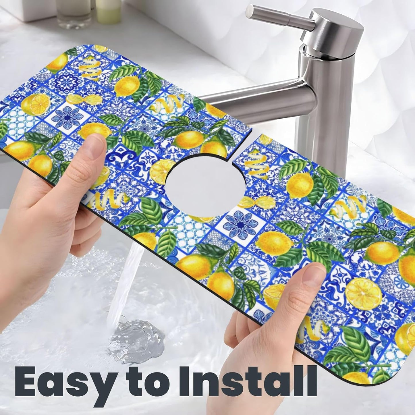 Aquamarine Blue Mexican Tiles Faucet Splash Guard Mat for Kitchen Sink 15x5.5" - Colors B