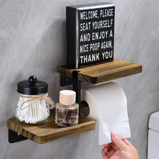 Rustic Farmhouse Toilet Paper Holder with Shelf - Farmhouse Bathroom Rustic Country Decor - Rustic Bathroom Accessories with Warm Brown Wood Shelf for Wipes&Cell Phone&Reading, Black Metal