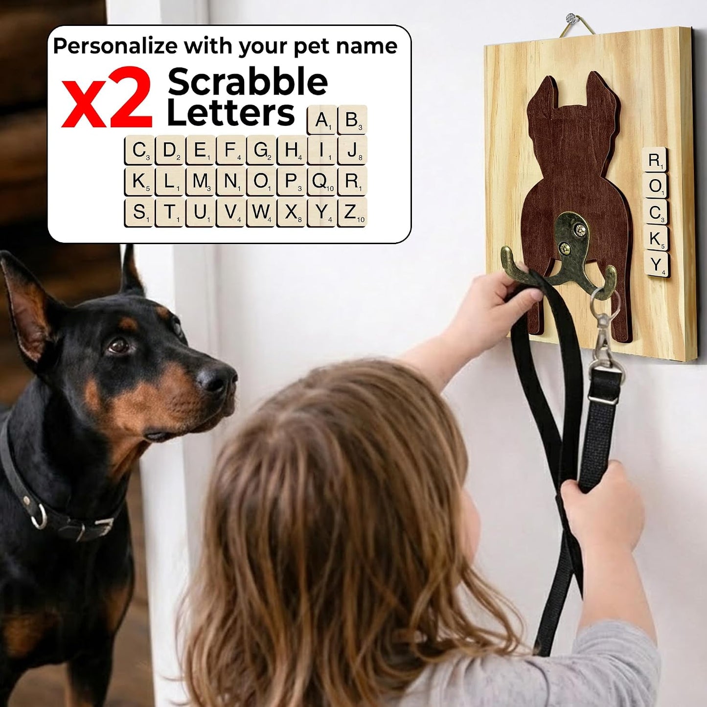 Dog Leash Holder Wall Mount, Pet Harness Hanger with Scrabble Letters, Dog Collar Organizer for Entryway, Memorial Cat Leash Holder for Wall, Pet Loss Gifts, Keepsake, Home Decor PF212-NAT