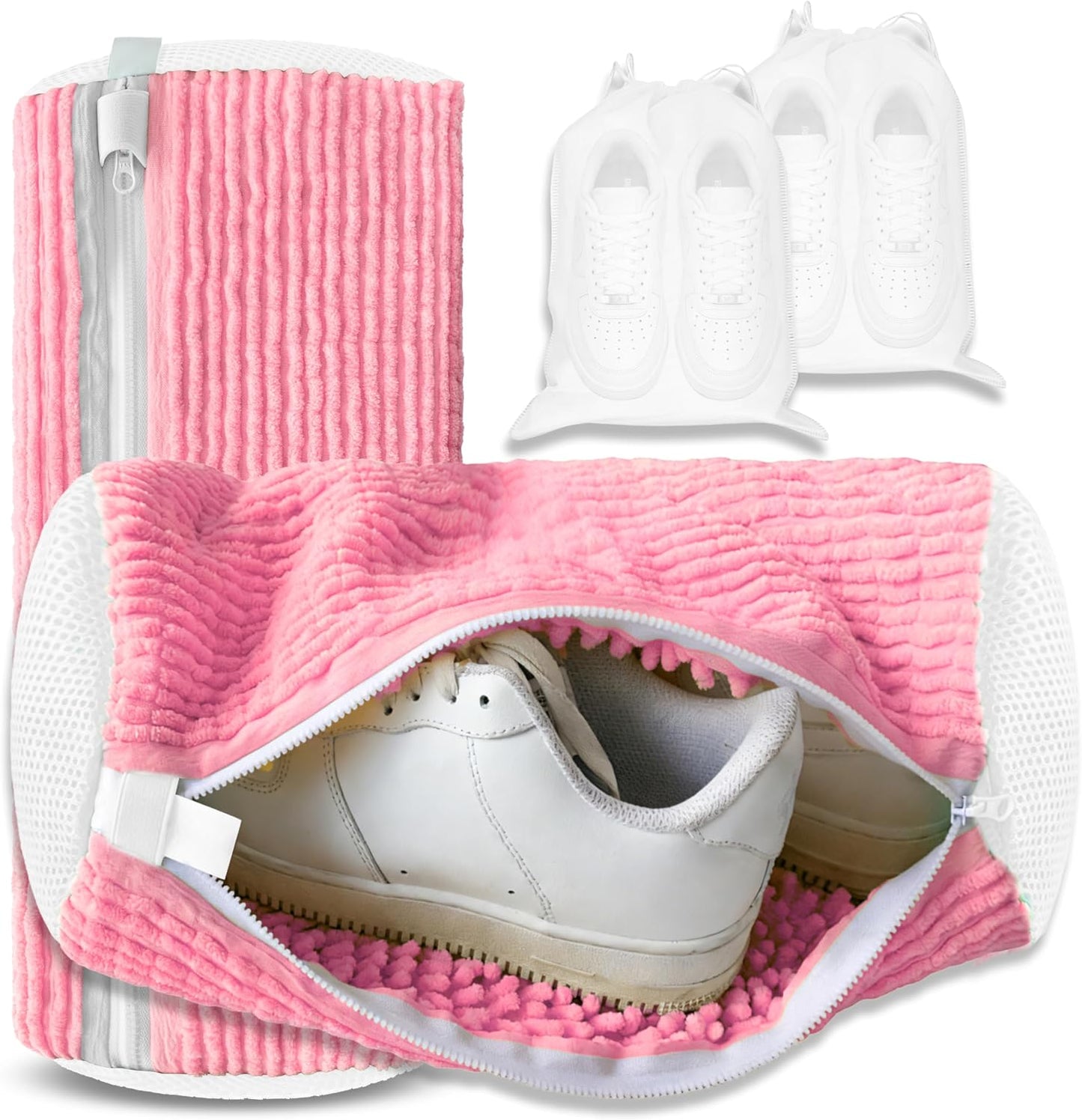 Reusable Shoe Washing Bag, 2-Pack Chenille Laundry Bag for Washer & Dryer. | Soft chenille fibers help deep clean sneakers while the hidden zipper keeps shoes secure and helps protect your washer.