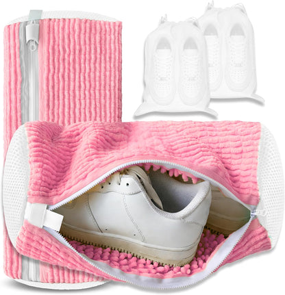 Reusable Shoe Washing Bag, 2-Pack Chenille Laundry Bag for Washer & Dryer. | Soft chenille fibers help deep clean sneakers while the hidden zipper keeps shoes secure and helps protect your washer.