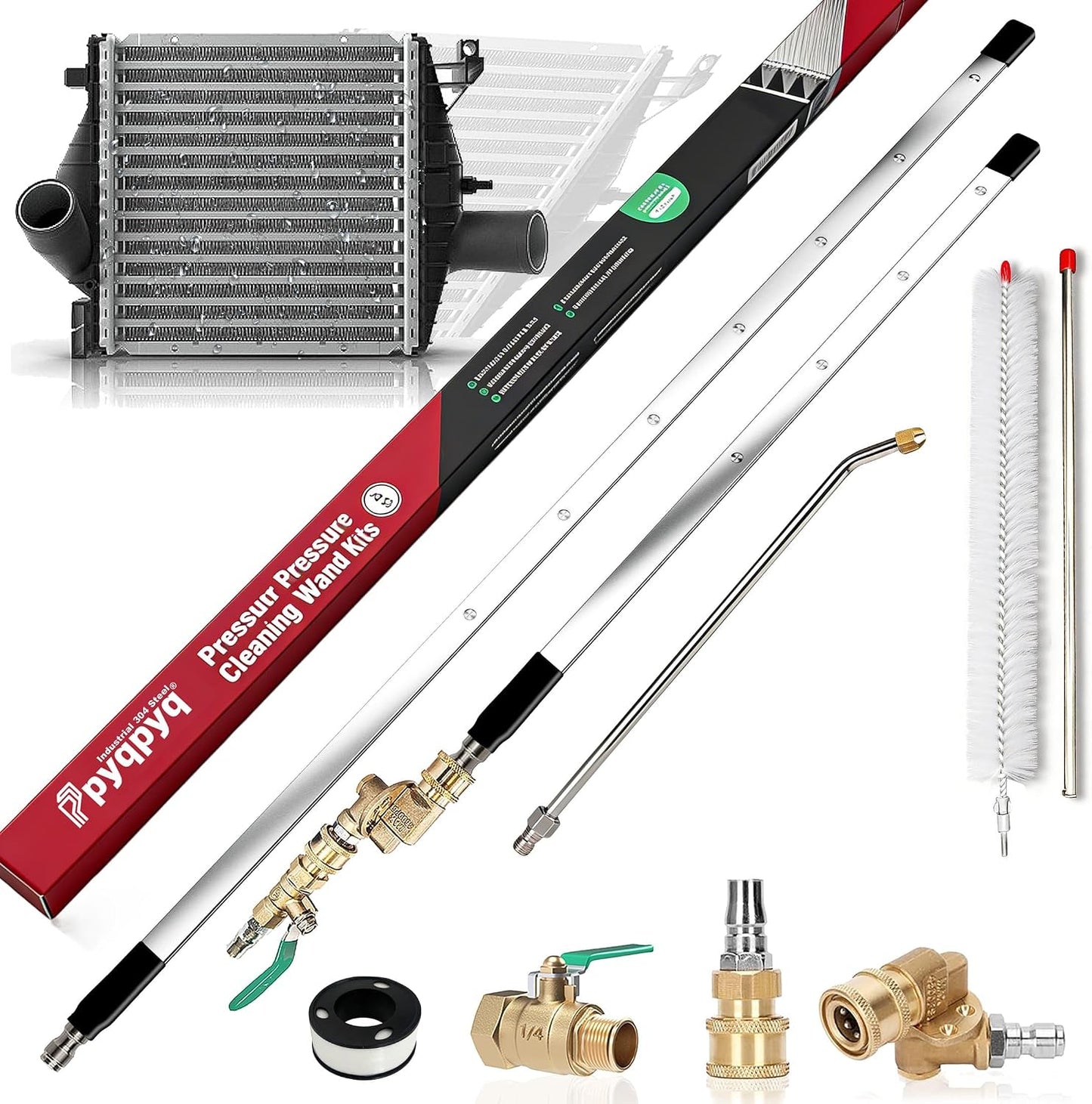 47/24/15" Radiator Cleaning Wand 3P, Water/Air, for Cars/Trucks/Heavy Equip | Water/air, 4500PSI 180° swivel, 0.2in ultra-slim, 25° fan, laser-welded 304SS, no-tear, quick-connect, industrial, saves.