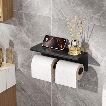 FORIOUS Toilet Paper Holder with Shelf, Commercial Toilet Paper Dispensers | Brushed Nickel | Wall Mount Bathroom Tissue Holder | SUS304 Stainless Steel Rustproof | Double Tissue Roll Holder