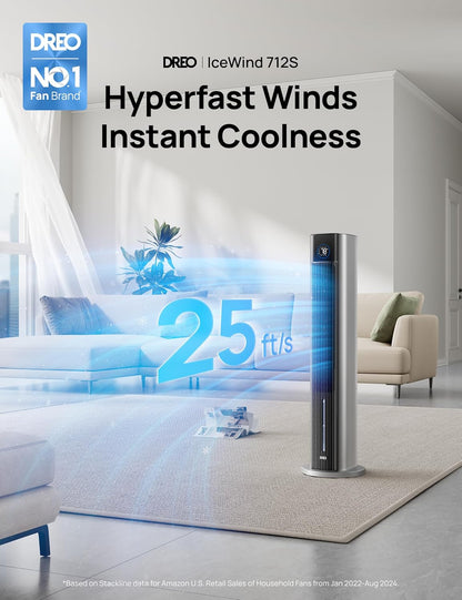 DREO Tower Fan for Bedroom, 43" Cooling Fans That Blow Cold Air 2025 Upgraded, Evaporative Air Cooler, Quiet 85° Oscillating Floor Fan, Easy Cleaning, APP Control, 4 Modes & 4 Speeds, Ink Black