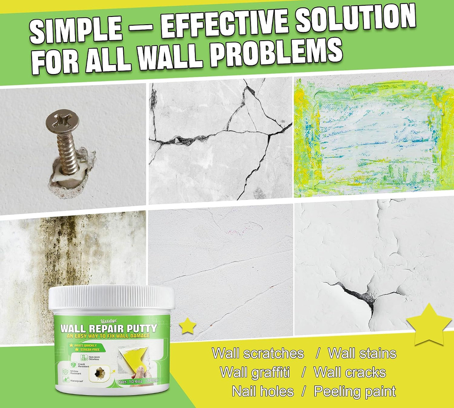 Drywall Repair Kit, Spackle Paste with Patches & Tools for Wall Hole Fix | 10.6oz Wall mending agent for drywall, plaster, wood, stucco. Waterproof, crack-resistant, residue-free ＆ formaldehyde-free