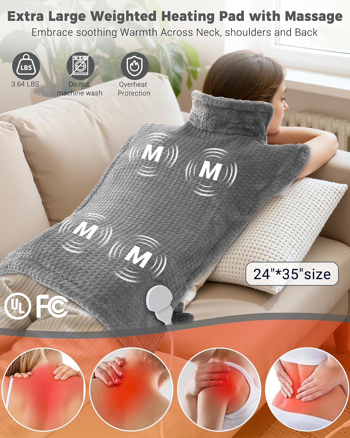 Wearable Vibrating Heating Pad for Neck, Shoulders & Back Pain Relief | 24" x 35" Full Back, 4 Massage Modes, 2 Heat Levels, Weighted Edge, Adjustable Straps, Auto Shut Off, Relaxation Gift