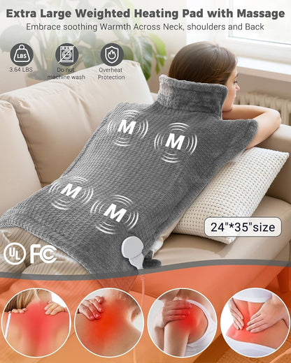 Wearable Vibrating Heating Pad for Neck, Shoulders & Back Pain Relief | 24" x 35" Full Back, 4 Massage Modes, 2 Heat Levels, Weighted Edge, Adjustable Straps, Auto Shut Off, Relaxation Gift