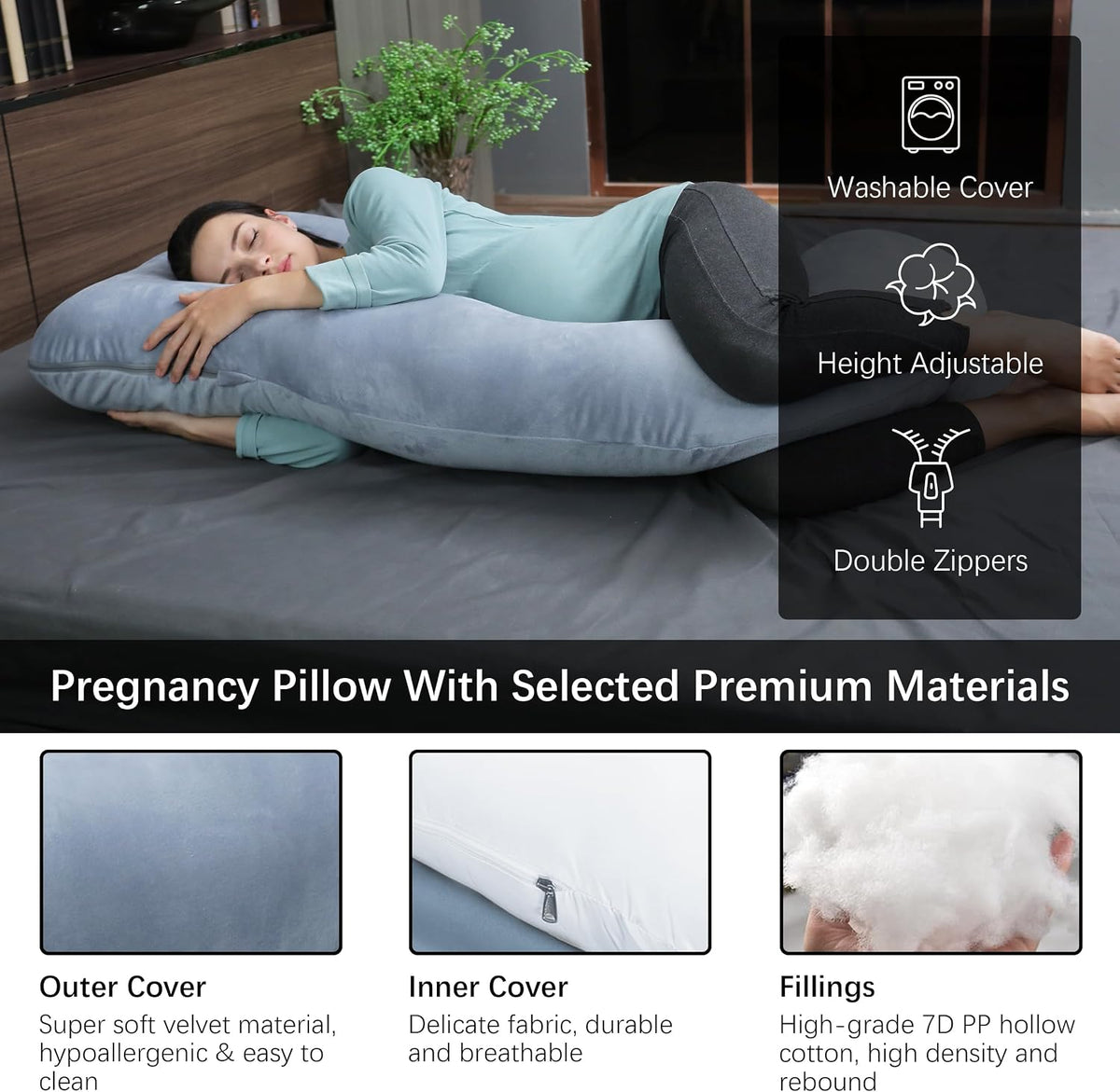 MOON PARK Pregnancy Pillows for Sleeping - 57 Inch U Shaped Full Body Maternity Pillow with Removable Cover - Support for Back, Legs, Belly, Hips - Pregnancy Pillow for Women - Grey
