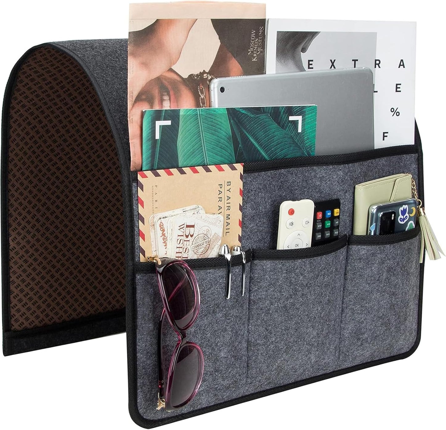 Sofa Armrest Storage Bag, 33.8 Inch x 15.7 Inch 4 Pockets Dark Gray Felt Cloth for Storage Remote Control, Phone, Journal and So on (gray)