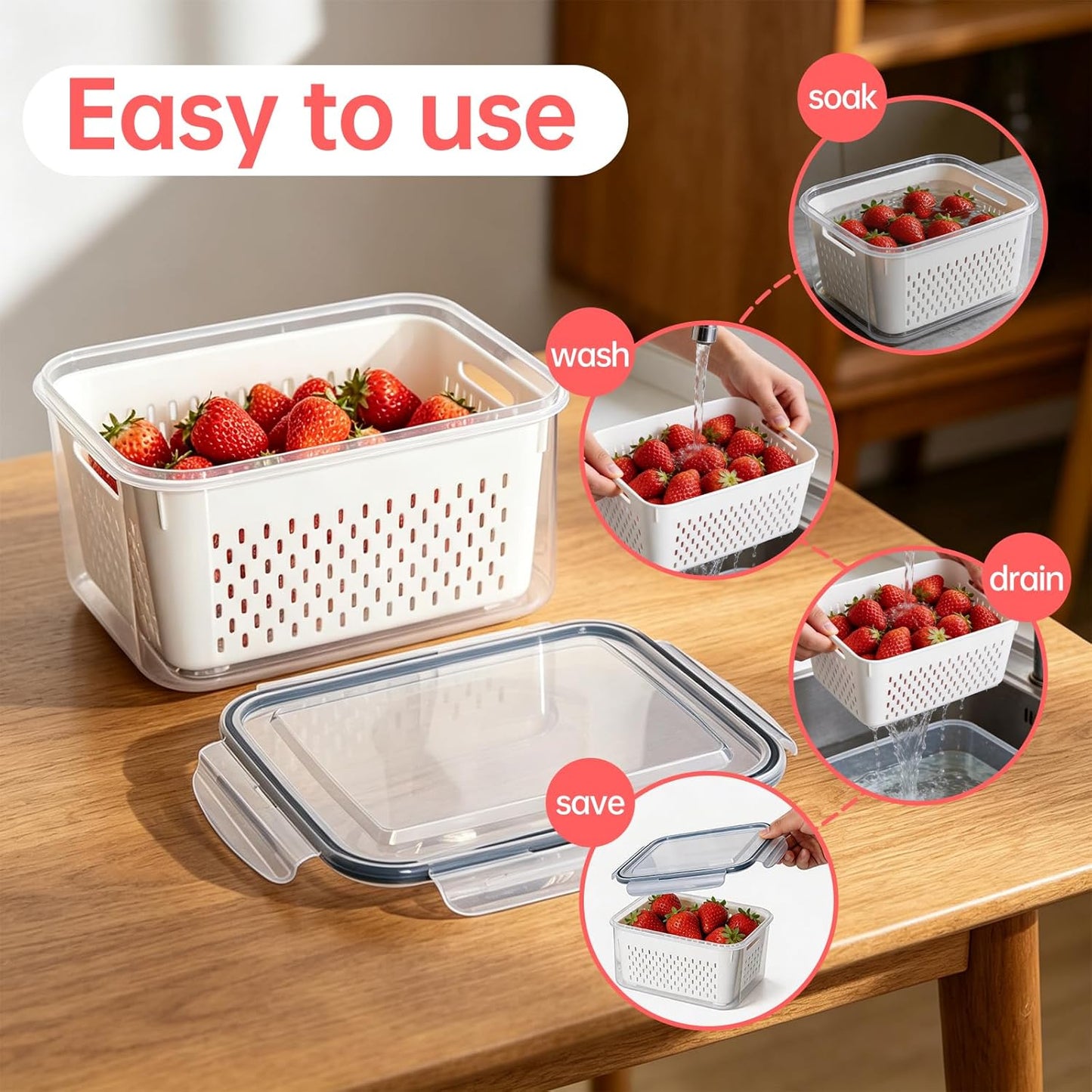 Fruit Containers for Fridge with Removable Colander, 4 Pack Strawberry Storage Containers for Fridge, Containers with Lids, Keep Strawberries, Berries Fresh for Longer