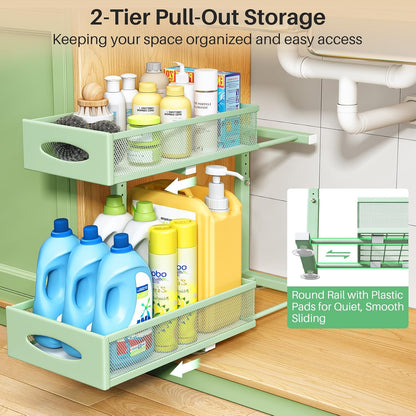 Under Sink Organizer, 2 Tier Pull out Cabinet Organizer Baskets with Mesh Sliding Drawers, Slide out Storage Shelf for Home, Kitchen, Bathroom, Pantry, Office Cabinet, Countertop(1 Pack)