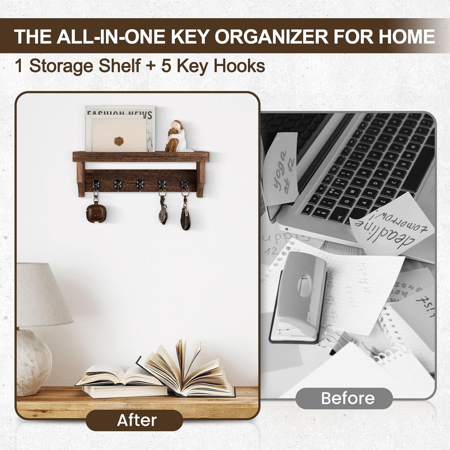 Key and Mail Holder Wall Mount, Mail Organizer with 5 Key Hooks | Key Holder with Shelf, Key Holder for Coat, Dog Leash, Home Decor Rack, Entry Way Organizer