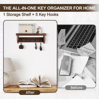 Key and Mail Holder Wall Mount, Mail Organizer with 5 Key Hooks | Key Holder with Shelf, Key Holder for Coat, Dog Leash, Home Decor Rack, Entry Way Organizer