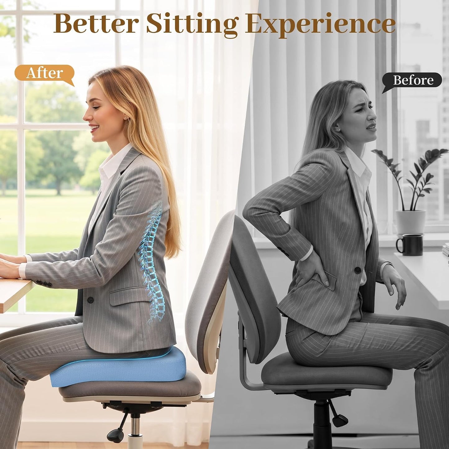 TranquilRelax Memory Foam Seat Cushion for Office Chair, 3-Inch, Black | Medium-firm Support for Long Sitting, Washable Mesh Cover, Non-slip Base, Perfect for Car Seats & Short Drivers