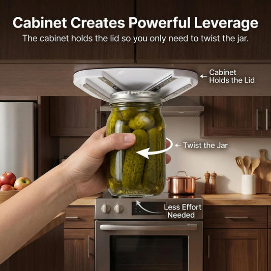 Upgraded Under Cabinet Jar Opener: One-Hand Jar & Can Opener for Stubborn Lids, Easier Grip for Tight Lids, Stainless Steel Teeth