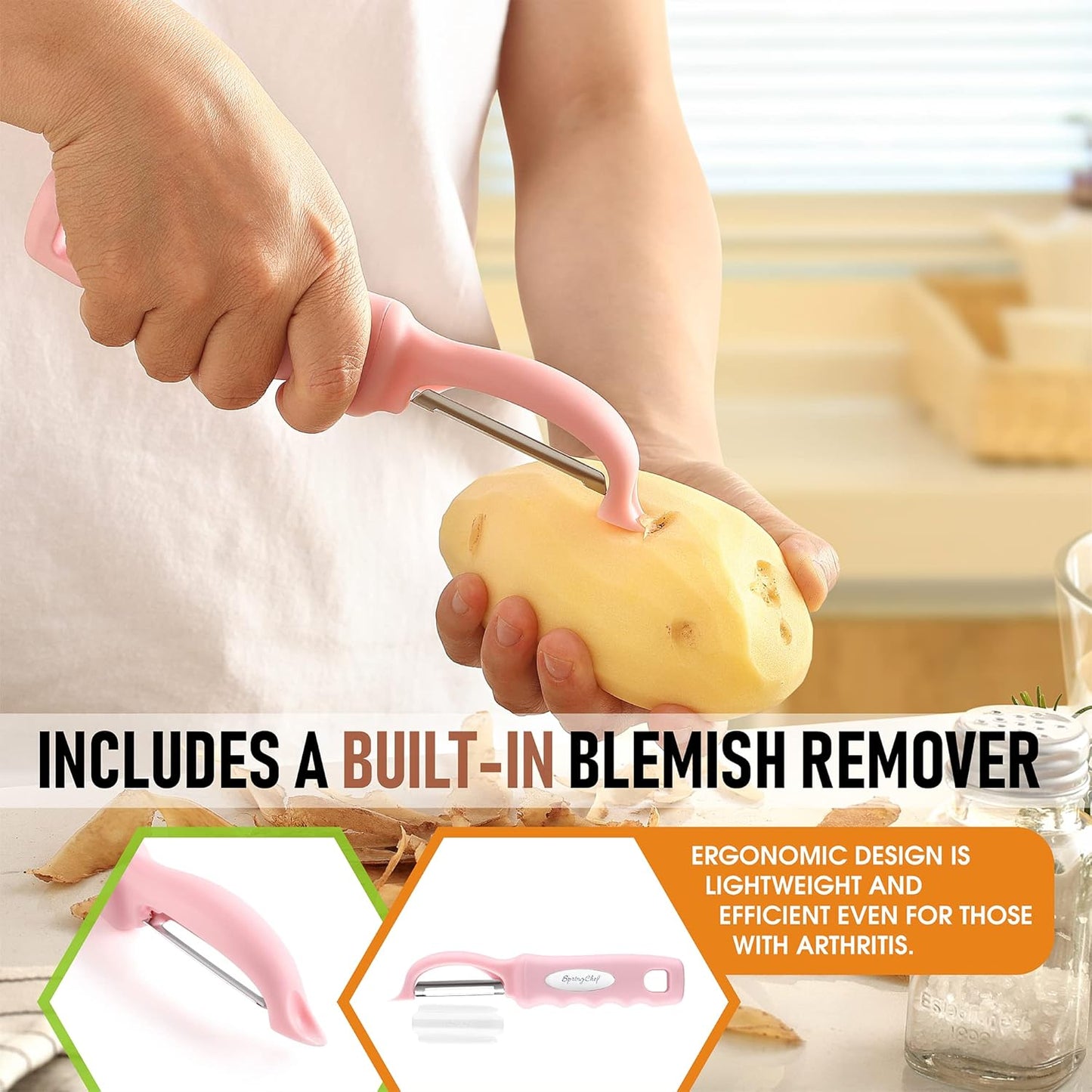 Spring Chef Swivel Potato Peeler for Kitchen w/ Soft Grip Handle, Mango | Premium Vegetable Peeler w/ Sharp Stainless Steel Blades, Multifunctional Food Peeler for Apple, Carrot, Cucumber, Fruit