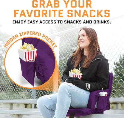 Heated Stadium Seats for Bleachers with Back Support – USB Battery Included - Upgraded 3 Levels of Heat - Foldable Chair - Cushioned, 4 Pockets for Snacks, Cup Holder - for Camping, Games & Sports