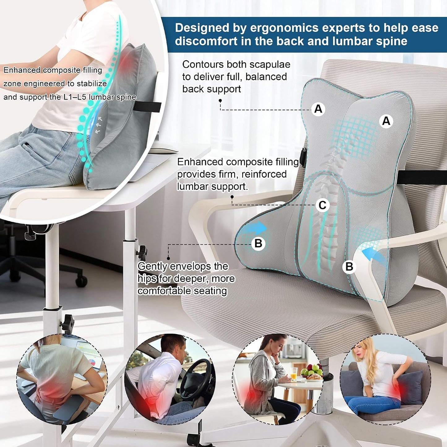 Lumbar Support Pillow(Pat. Pend) – Multi-Functional Ergonomic Back Cushion for Sofa Chair, Car Seat & Sofa, Reading Pillow with Firm Multi-Zone Support to Relieve Lower Back Pain, Misty White