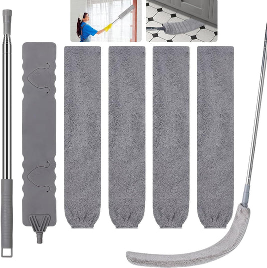 Retractable Gap Dust Cleaner, Extendable Gap Duster with 4 Microfiber Dusting Cloths Long, Under Appliances Cleaning Tools with Extendable Pole,Under Refrigerator, Furniture, High Ceiling