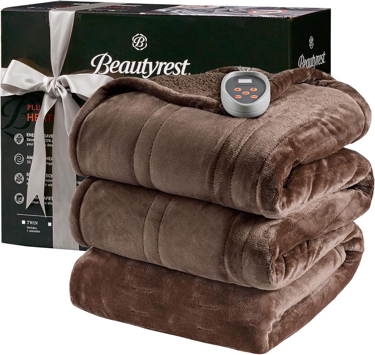 Beautyrest Reversible Heated Throw - Plush Sherpa Heating Blanket, Grey