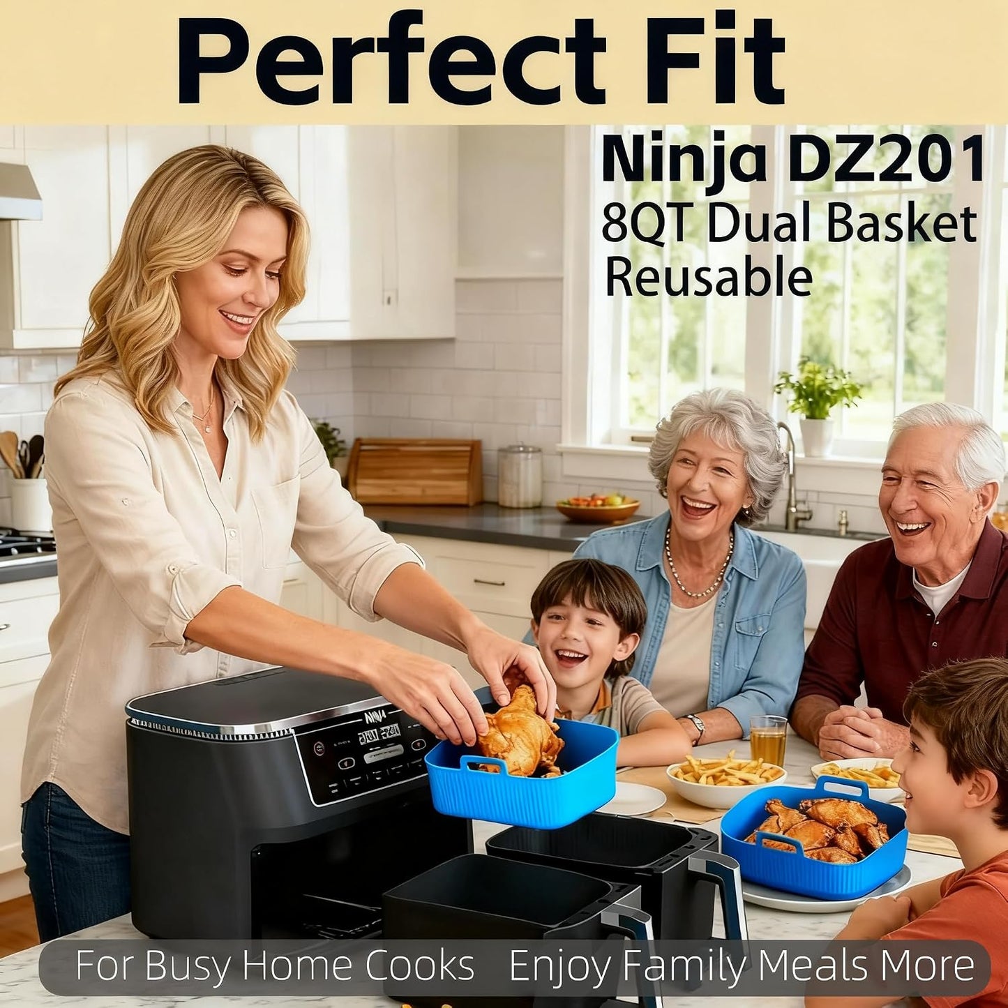 Silicone Air Fryer Liners for Ninja - Reusable DZ201 8QT Dual Basket - Rectangular 2-Pack Vacuum-Packed Easy-Clean Dishwasher-Safe Food-Safe for Home Chefs - Housewarming Gifts