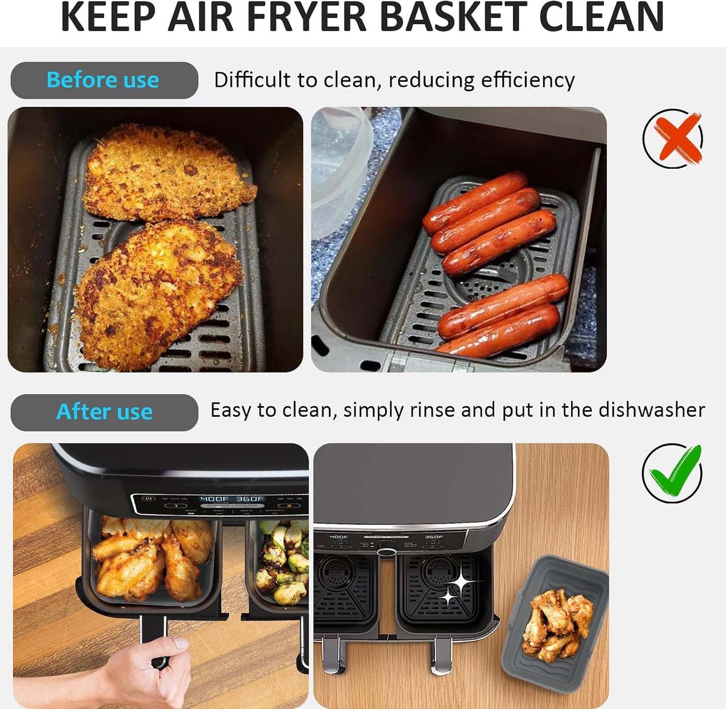 2Pcs Air Fryer Silicone Liners with Magnetic Cheat Sheet, 8-10 QT, Grey | 2 Pack, Reusable, Replacement Basket Bowl, Collapsible Baking Tray, Air Fryer Accessories