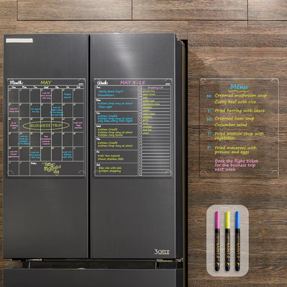 JJPRO Non-Magnetic Dry Erase Calendar for Fridge, Monthly Calendar, Weekly Planning Board Bundle for All Smooth Surfaces. Clear Reusable Calendar Stick to Fridge,Cabinet,Door&Glass