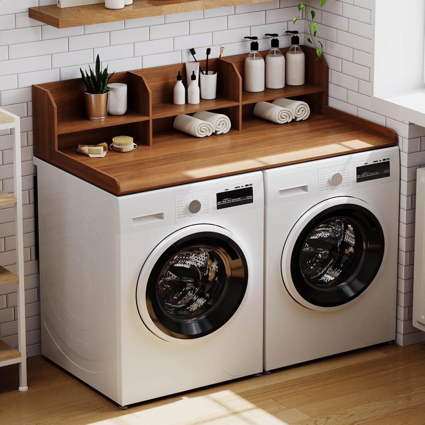 ChooChoo Washer Dryer Countertop, Adjustable Shelf, 2-Tier | Laundry Room Topper, Spacious Storage, For Folding Clothes & Efficient Organization, Walnut