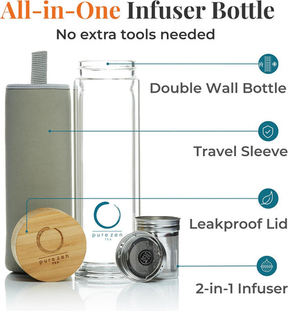 Pure Zen Tea Glass Tea Infuser Bottle, Leakproof, Tea Tumbler with Infuser | 15oz, Double Wall, Travel Sleeve, Extra-fine Stainless Steel Filter, Bamboo Lid, Gift-ready Packaging, Extra-thick Glass