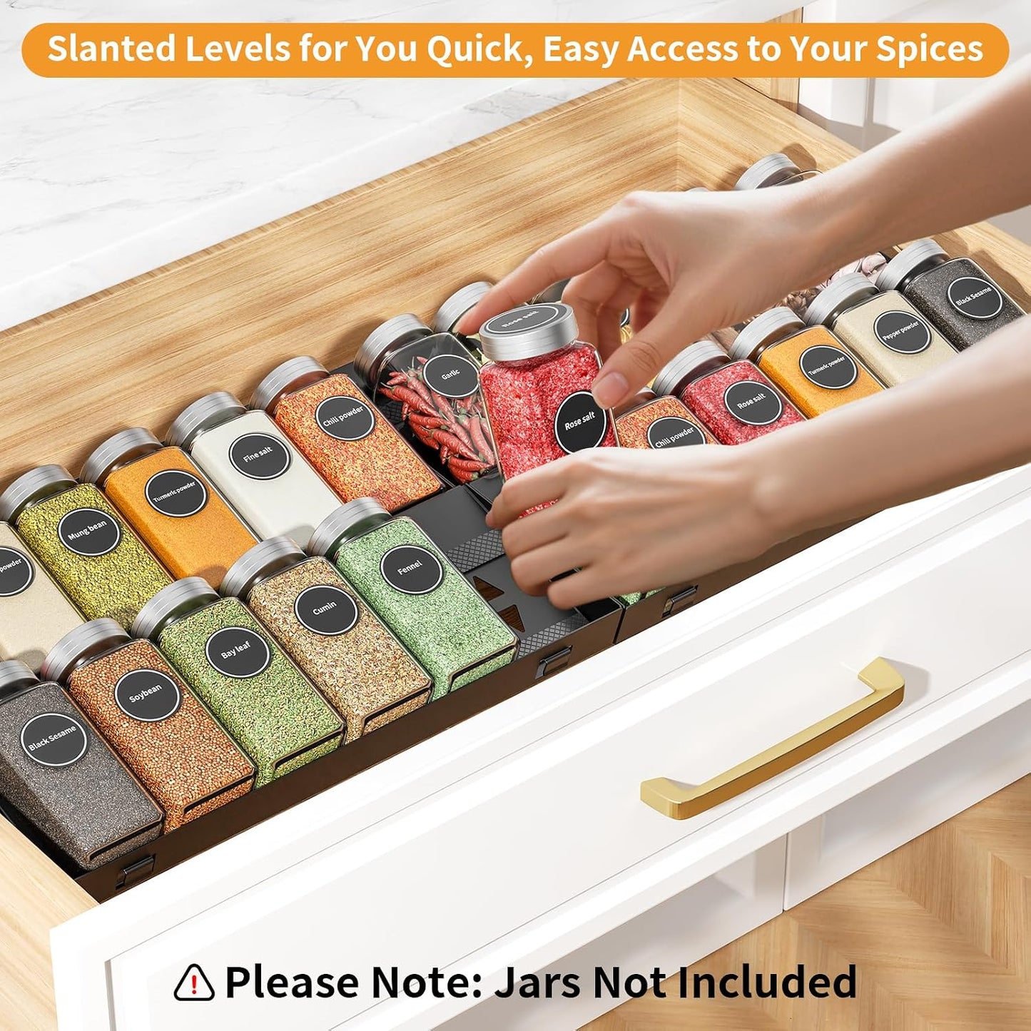 RCHYFEED 4 Pack Spice Drawer Organizer (Need 3.5" Deep Drawer) | Non-Slip Drawer Spice Rack Free Combination, Adjustable Spice Rack Drawer Insert, Spice Organization for Drawer