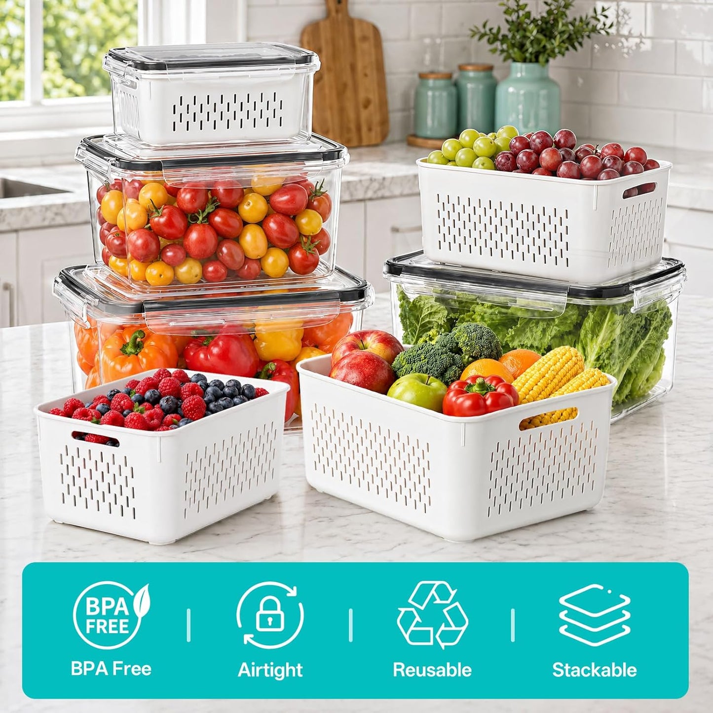 HOMETALL 4 Pack Fruit Storage Containers for Fridge Set, Produce Containers for Fridge with Strainer, Plastic Reusable Fridge Organizers and Storage for Berry Salad Lettuce, Size 3.4, 1.8, 0.9, 0.4QT