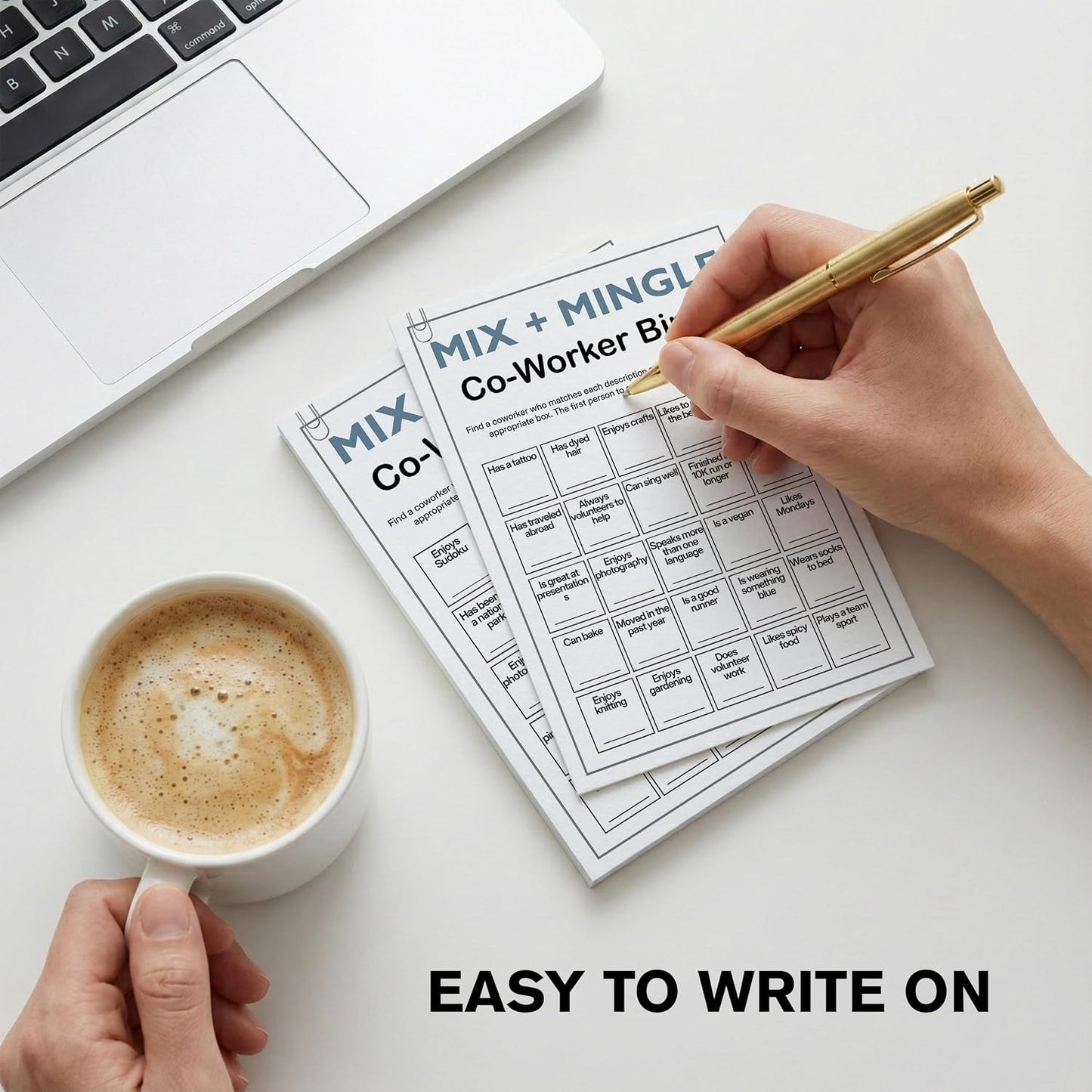 Find Someone Who Bingo Cards, 25 Unique Randomized 5x7 Sheets, Get to Know You Bingo Game for Adults, Ice Breaker Office Party Games, Team Building Games for Work, High Replay Value - A05