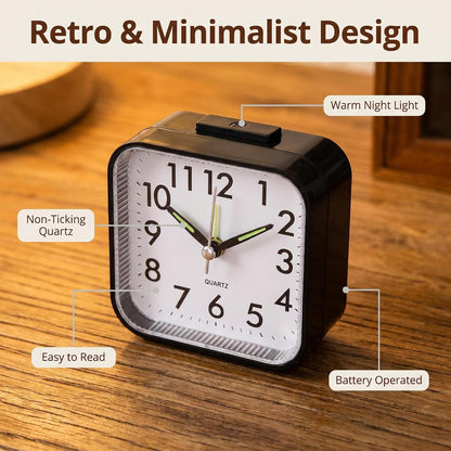 Small Analog Alarm Clock Battery Operated with Warm Glow Nightlight, Silent Non-Ticking Quartz Desk Clock, Easy-to-Read Dial, Battery Powered Travel Table Clock for Bedroom, Students, Office（black)